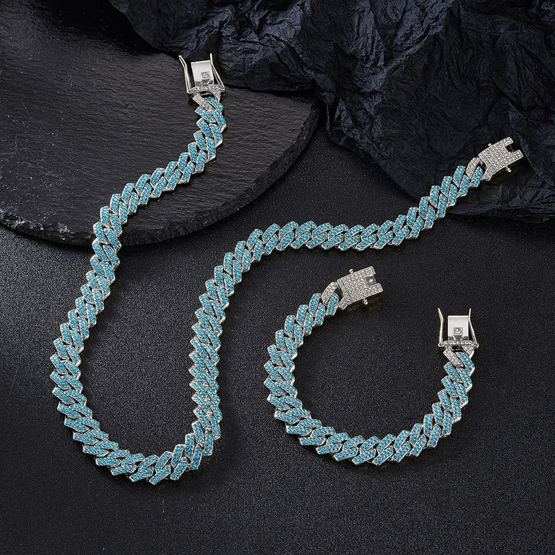 Cuban Link Chain Suit Fashion Punk Alloy Full Diamond Color 14mm Cuban Necklace For Men And Women Direct Sales