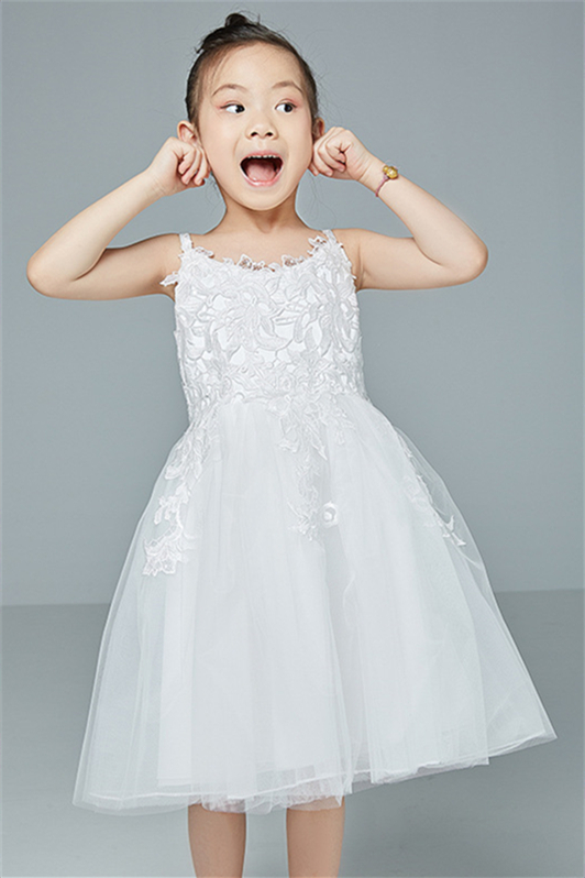 Gorgeous White Lace Tulle Flower Girl Dress Sleeveless Spaghetti-Straps - lulusllly