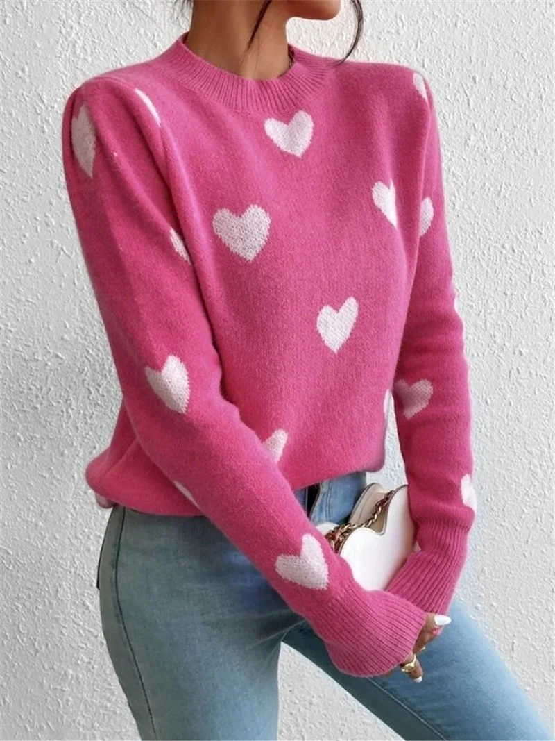 Athvotar Athvotar And Winter New Heart Pattern Loose Round Collar Knitting Jacket Sweater