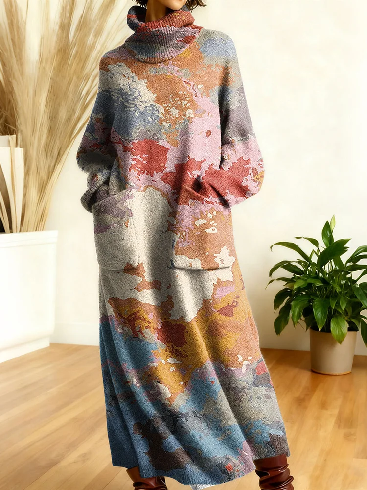 Women's Retro Geometric Patchwork High-neck Long-sleeve Casual Loose Knit Dress