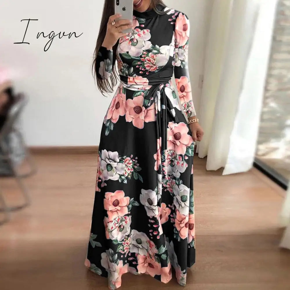 Ingvn - Flower Print Long Sleeve Maxi Dress Spring Autumn Casual Slim Sashes Women Elegant Robe