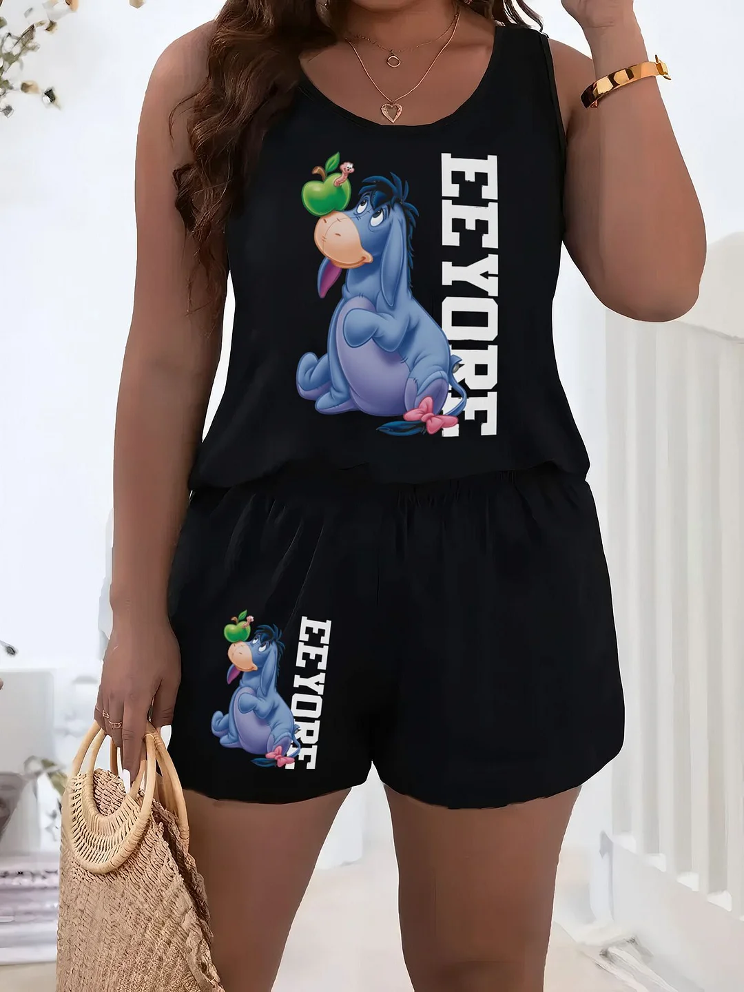 Eeyore Graphic Print Women's Plus Size Two-Piece Sleeveless Top And Shorts Set - Pink And Black, Round Neck, Sporty Style, Summer Resort Clothing, Perfect For Valentine's Day And Birthday Gifts, Eeyore Apparel | Playful Design | Stretchy Fabric | IFYHOME