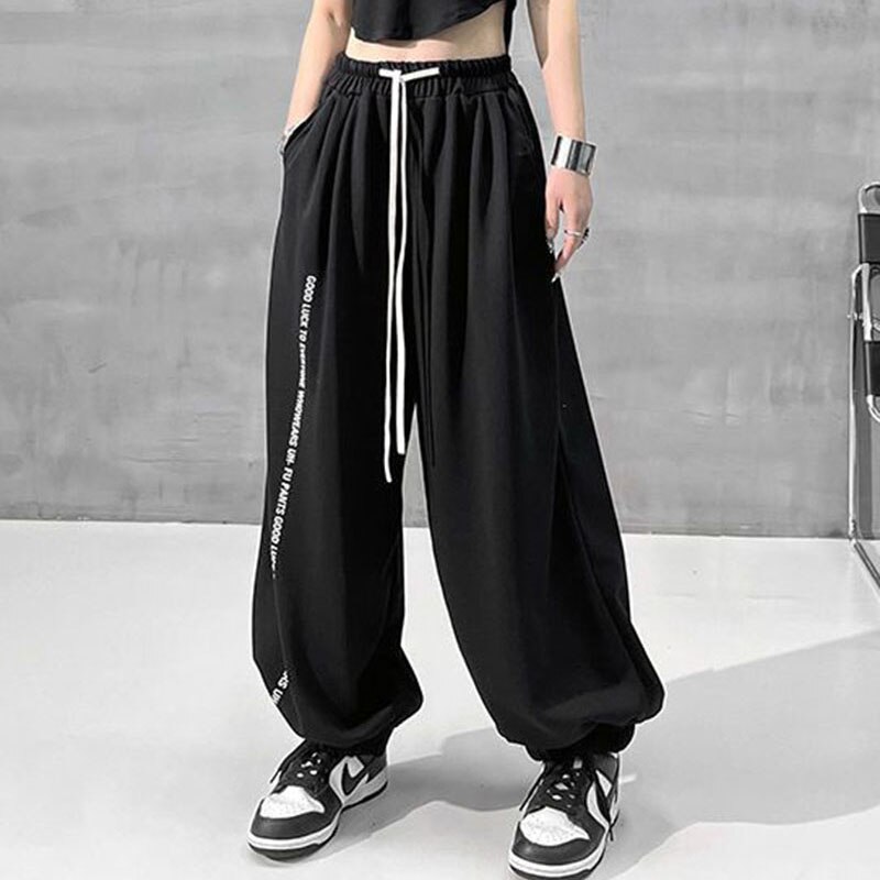 Zhaopinliu American Style Black Joggers Sweatpants Women Harajuku Hip Hop Y2K Letter Print Streetwear Oversized Loose Wide Leg Trousers
