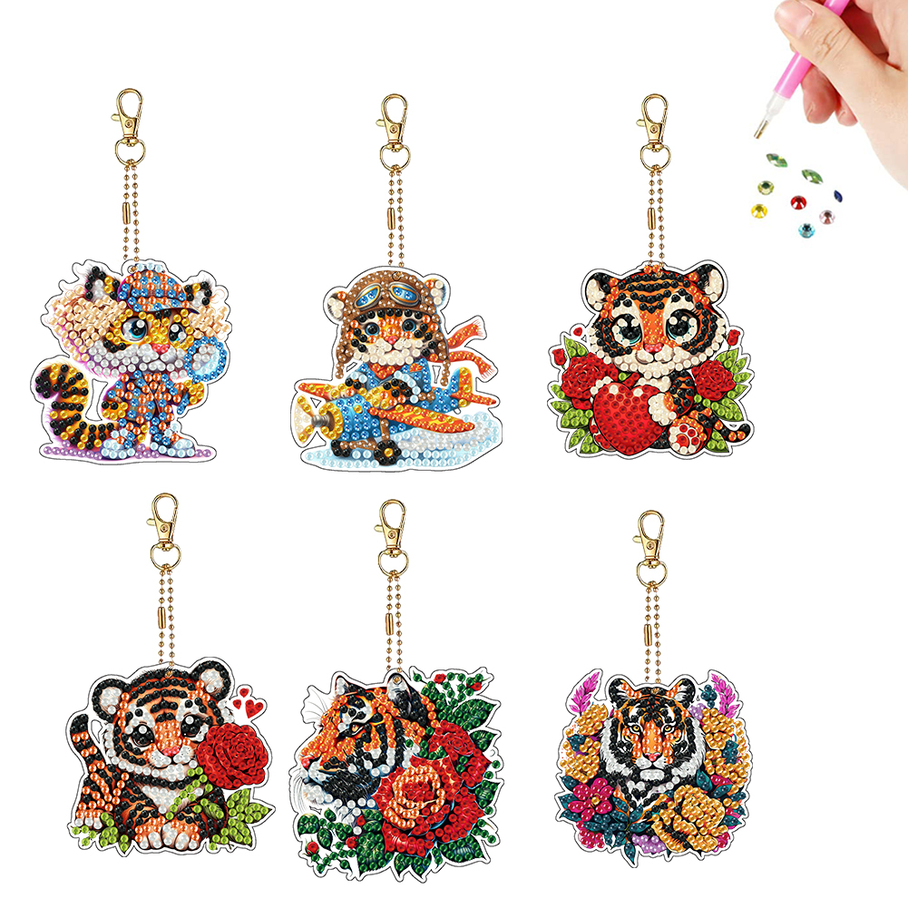 6Pcs Double Sided Special Shape Tiger 5D DIY Diamond Painting Keychain