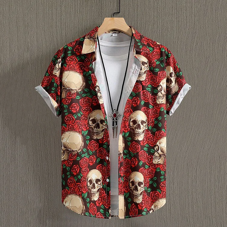 Simpfit Modisches Button-Down-Hemd mit Rosen-Totenkopf-Print