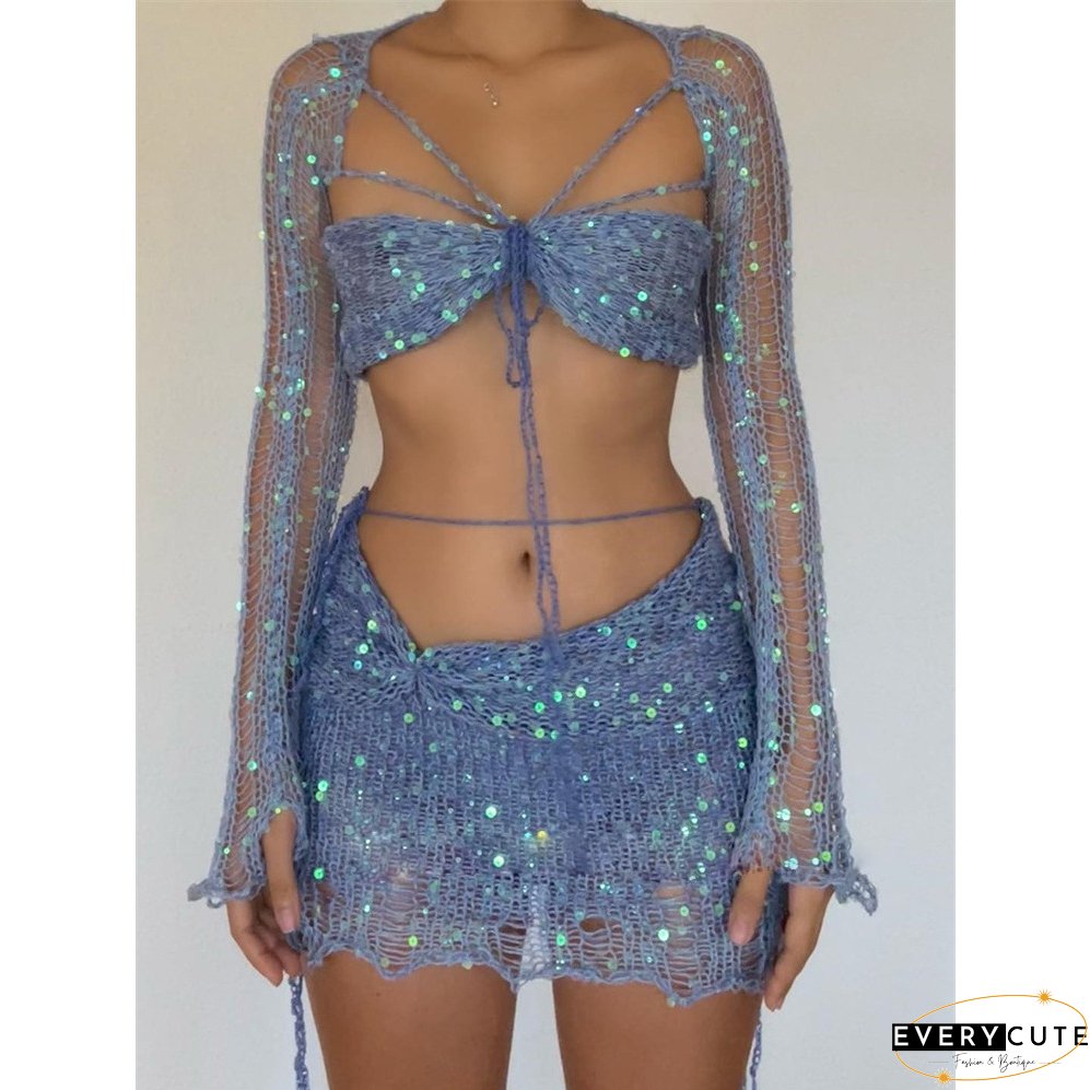 Women's Sequined Knitting Long Sleeve Three-Piece Skirt Set