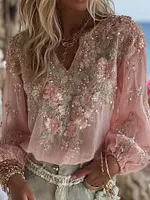 Women's Elegant Pink Floral Embroidery Art V-neck Long Sleeve Blouse