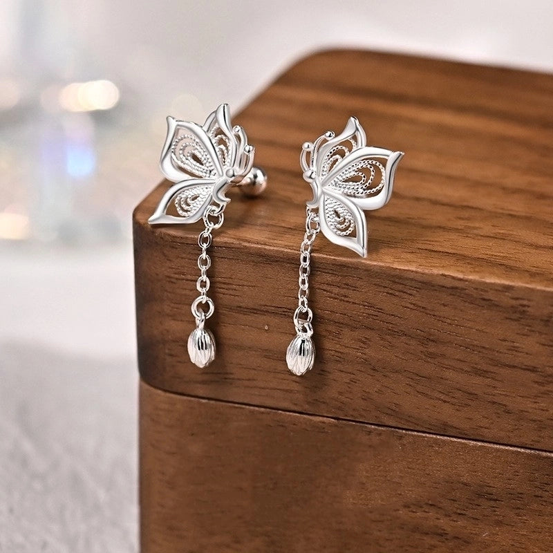 1 Pair 925 Sterling Silver Butterfly Drop Earrings