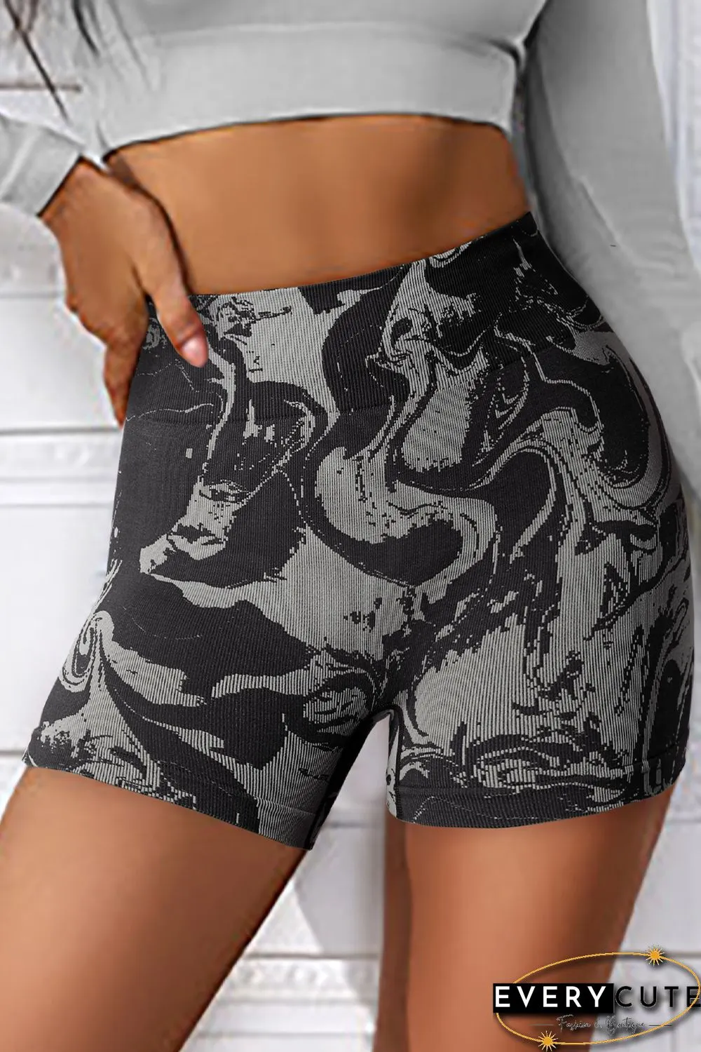Black Abstract Print Ribbed High Waist Active Bottoms