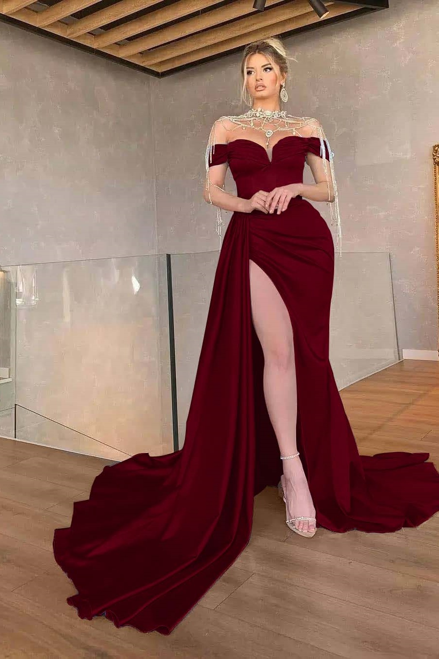 Ovlias Classic Burgundy Off-the-shoulder Split Draped Ruched Prom Dress MM0133