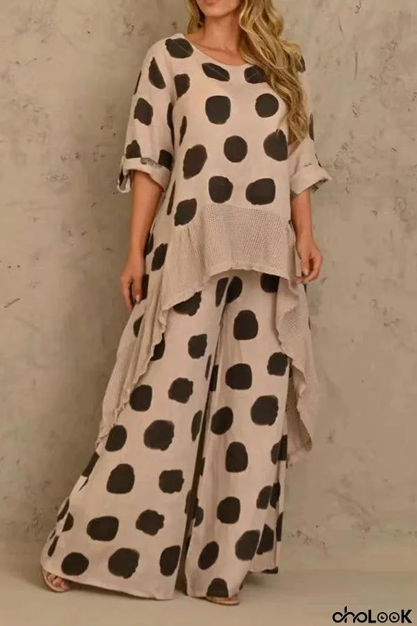 Women's Fashion Polka Dot Print Stitching Wide Leg Pants Suit