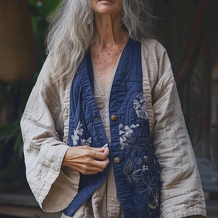 Women's Linen Flower Printed Patchwork Kimono
