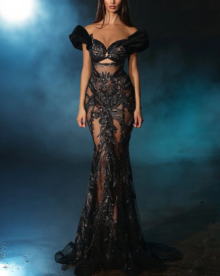 Black Embroidered Sequin Gown