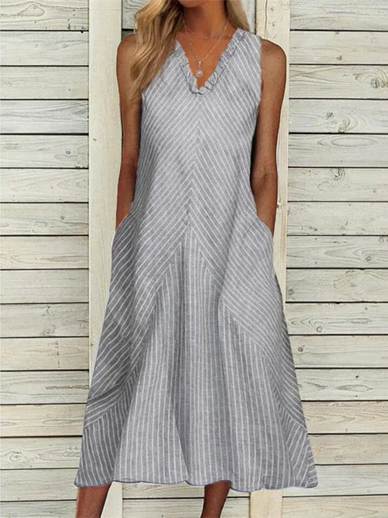 Striped V-neck Sleeveless Cotton-blend Midi Dress