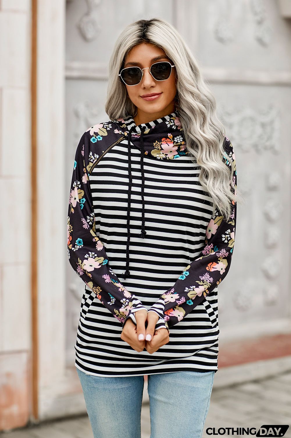 Striped Floral Print Long Sleeve Zipper Hoodie
