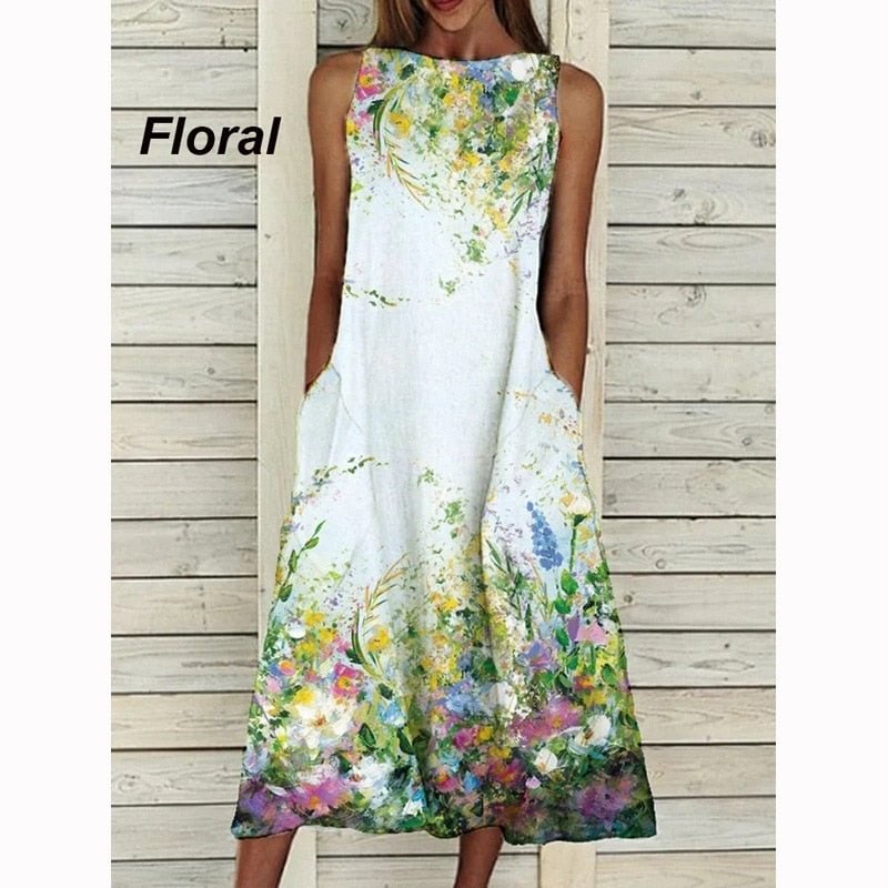 Dress 2022 O Neck Flower Print Summer Dresses For Women Fashion Pocket Sleeveless Dress Female Casual Loose Party Dress