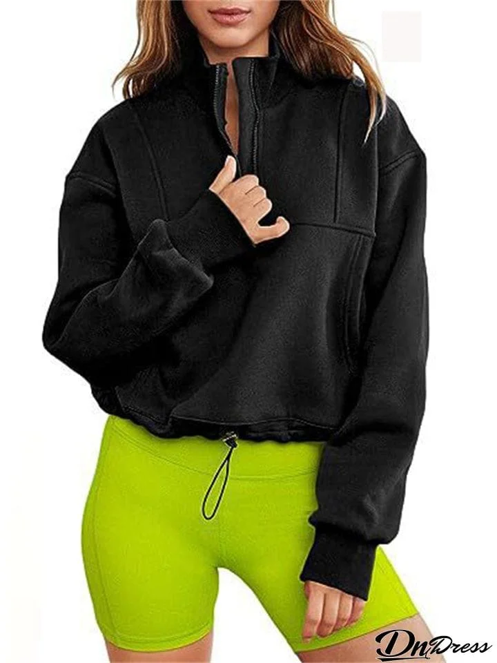 Women's Stand Collar Half Zipper Hem Drawstring Sweatshirt