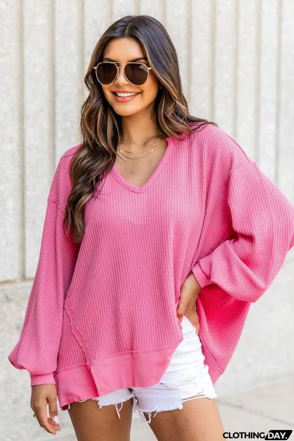 Textured V Neck Drop Shoulder Loose Top