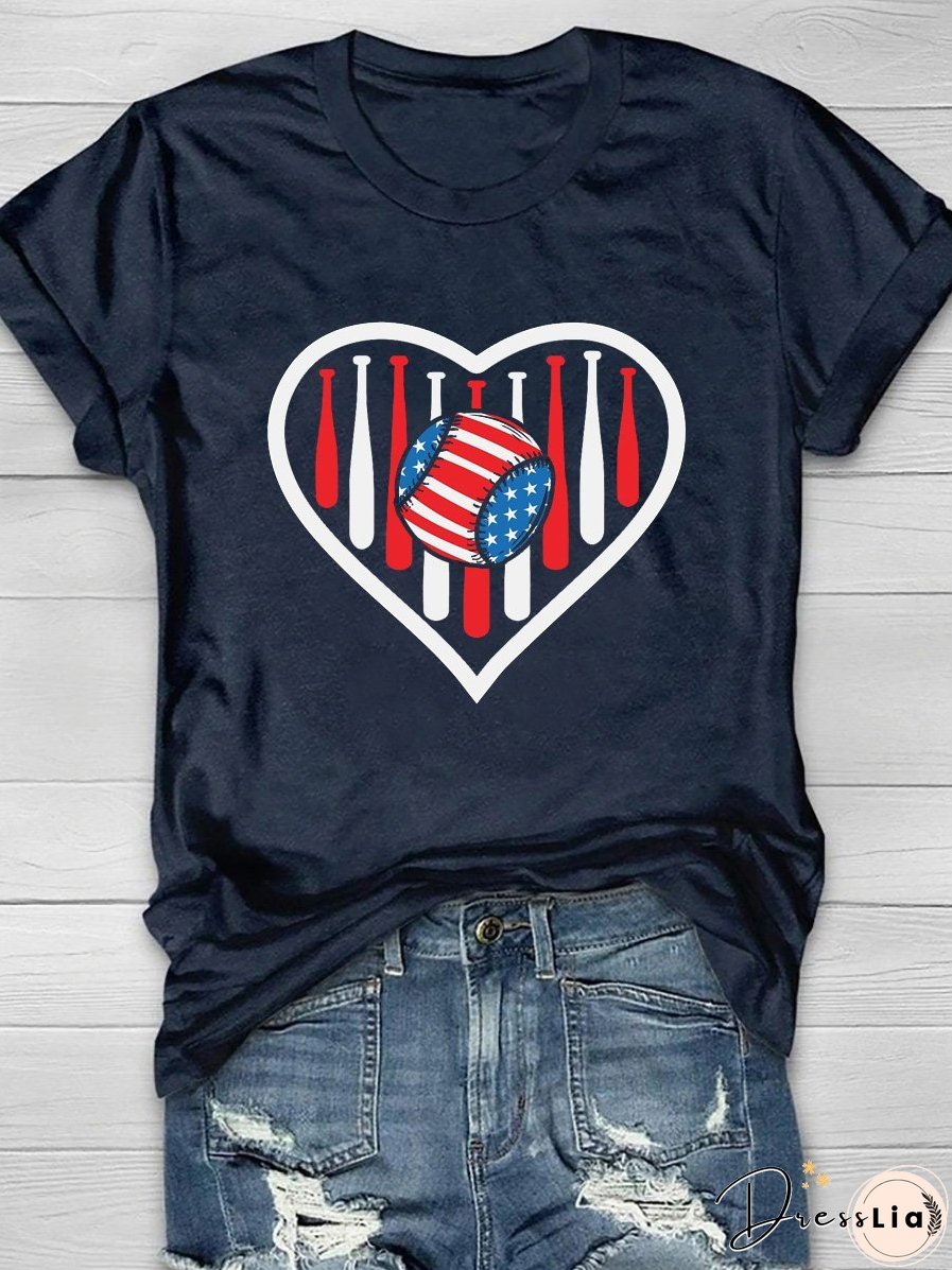 4th Of July Heart Baseball Print Short Sleeve T-Shirt