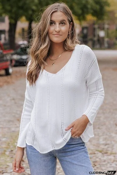 Openwork V-Neck Long Sleeve Knit Top