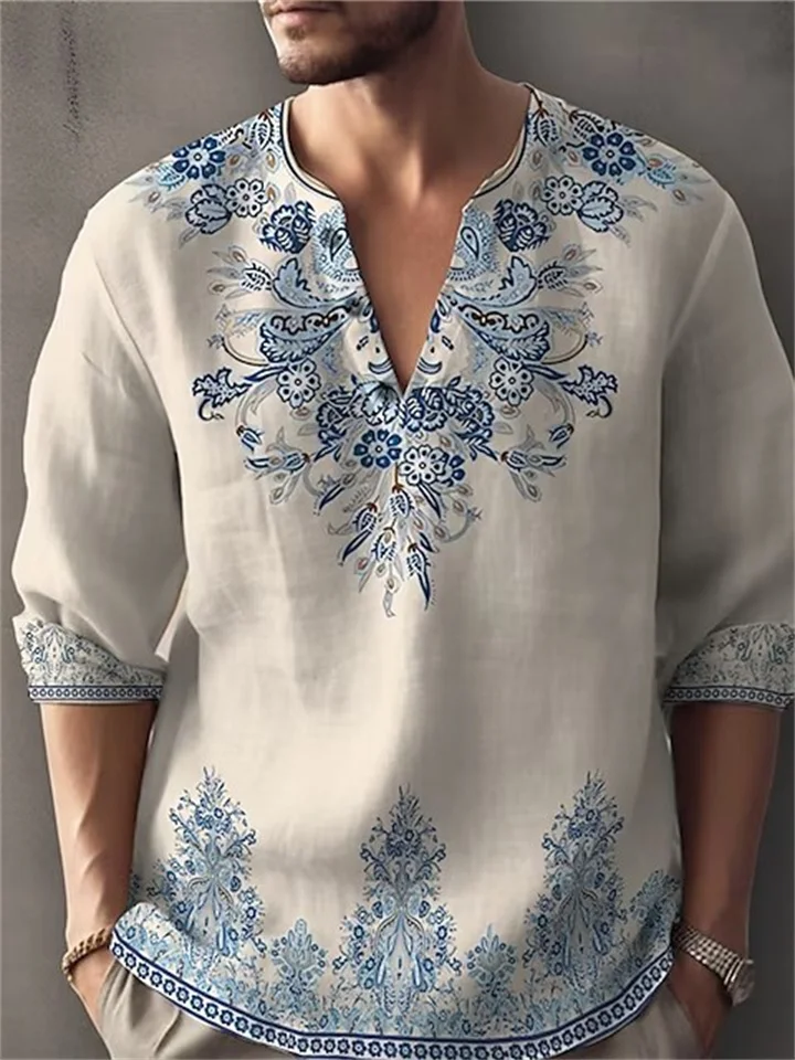 Men's Printed Long Sleeve Shirt V-neck Fashion Top Simple Printed Pattern