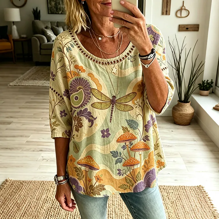Women's Vintage Mushroom And Dragonfly In Hippie Vibes Art Print Flowy Linen Blend  V Neck Linen Tops