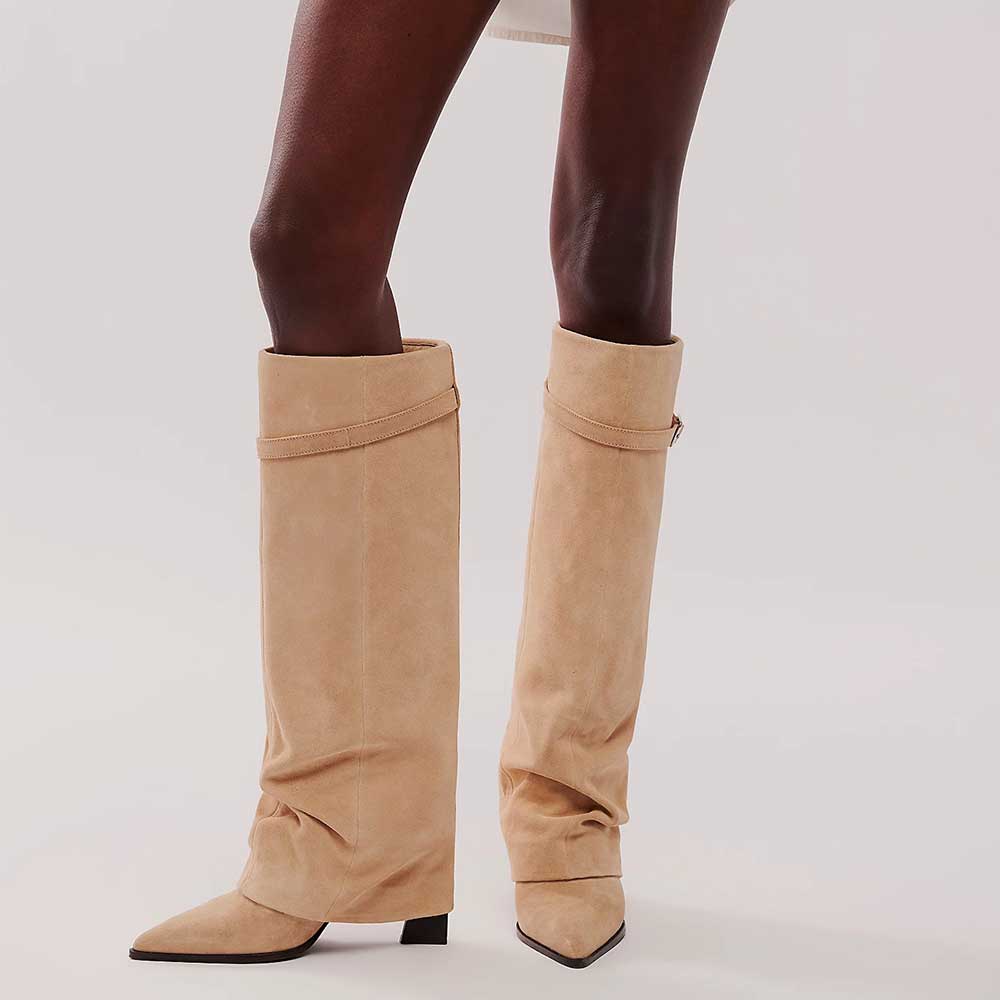 Beige Pointed Toe Stiletto Heel Fold Over Wide Calf Knee High Boots    Nicepairs
