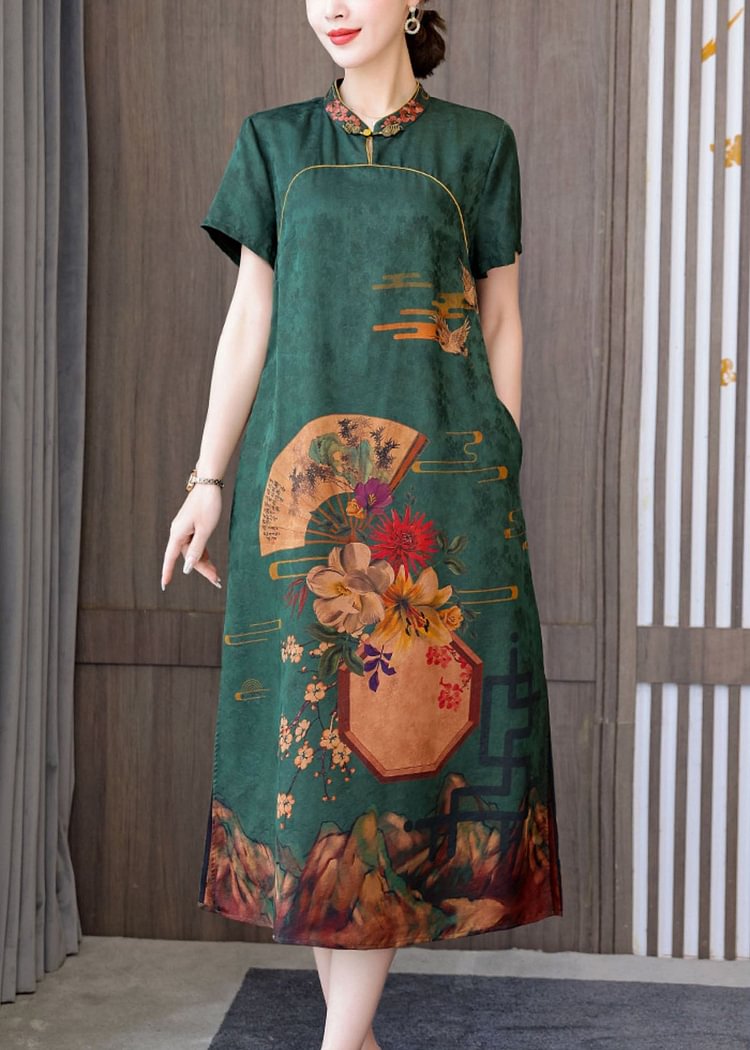 Green Top Quality Silk Cheongsam Dress Stand Collar Side Open Short Sleeve