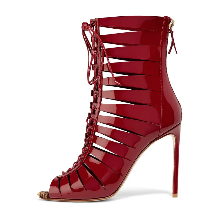 Red Patent Leather Lace Up Gladiator Peep Toe Stiletto Heels Vdcoo