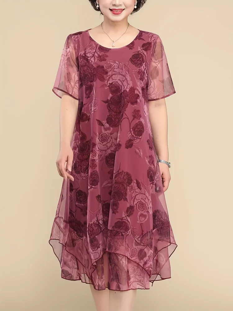 Women's Elegant Floral Print Red Flowers) - Breathable Mesh Panels, Flared Hem - Machine Washable Party, Wedding, Everyday Dresses - Non-See-Through Casual To Formal Outfits, Floral Print Dress, Summer Fashion, Round Neckline, Comfortable Fashion