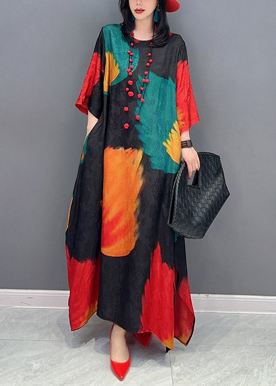 VCSHOES Colorblock O Neck Side Open Patchwork Chiffon Dress Fall