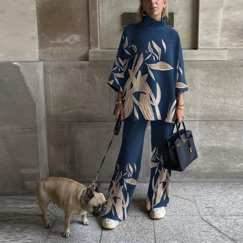 Half High Collar Suit Spring Print Casual Tracksuit Women Retro 2 Pieces Set Sports Sweatshirts Pullover Home Sweatpants Outfits