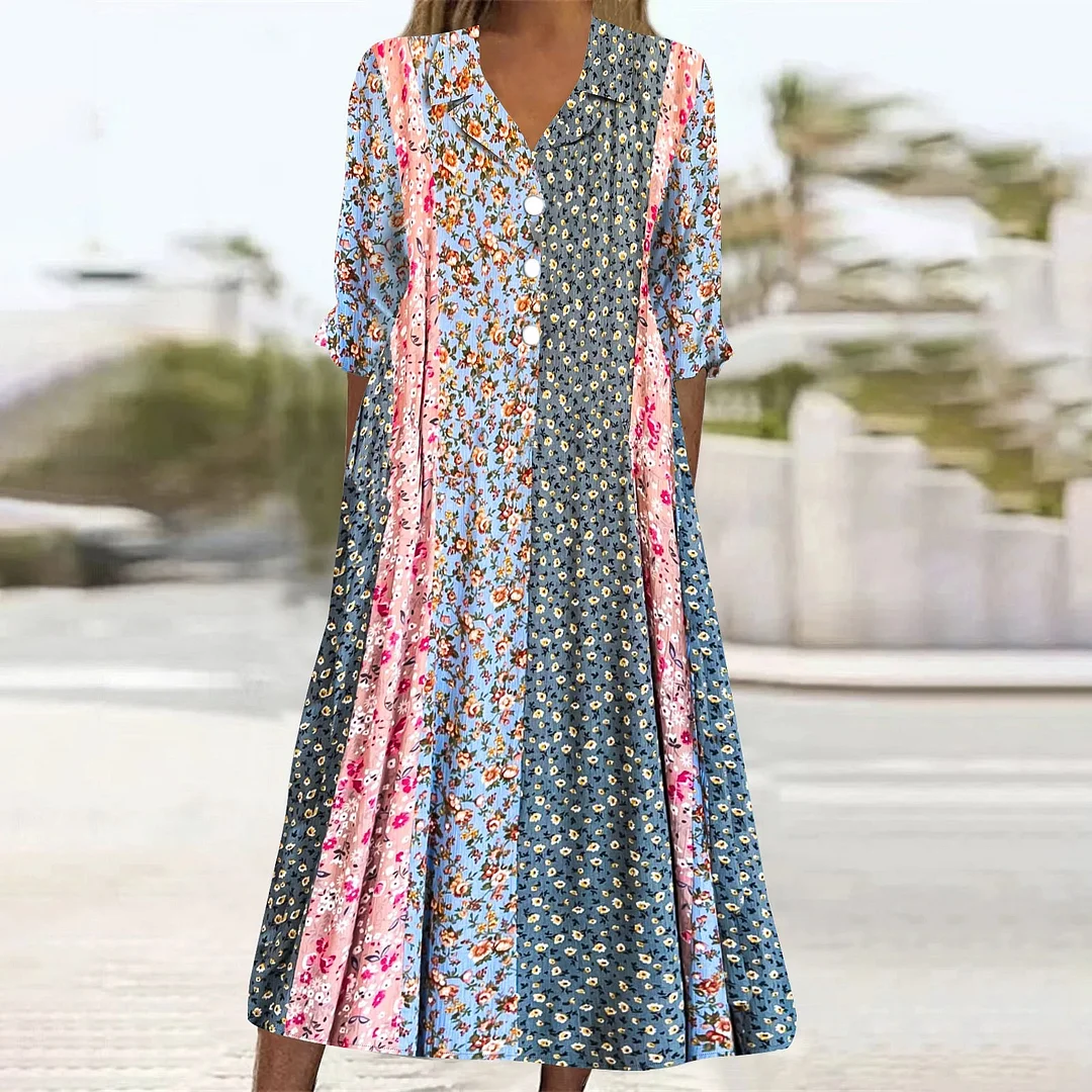 Women Casual Loose Dress with Pockets in Pattern Floral, Blue, Pink, Patchwork, 