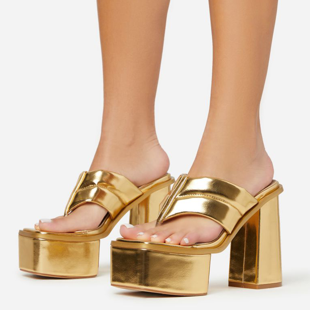 Gold Vegan Leather Open Toe Chunky Heel Platform Mules Nicepairs