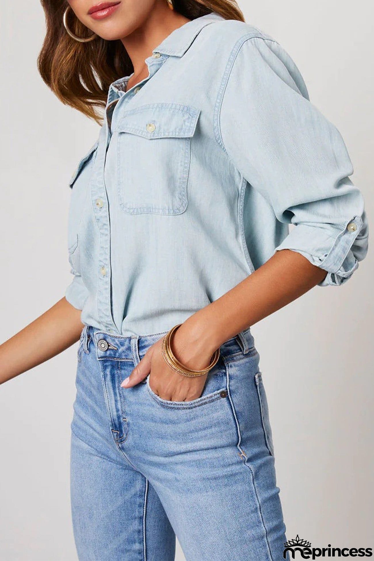 Long Sleeve Button-Up Denim Blouse