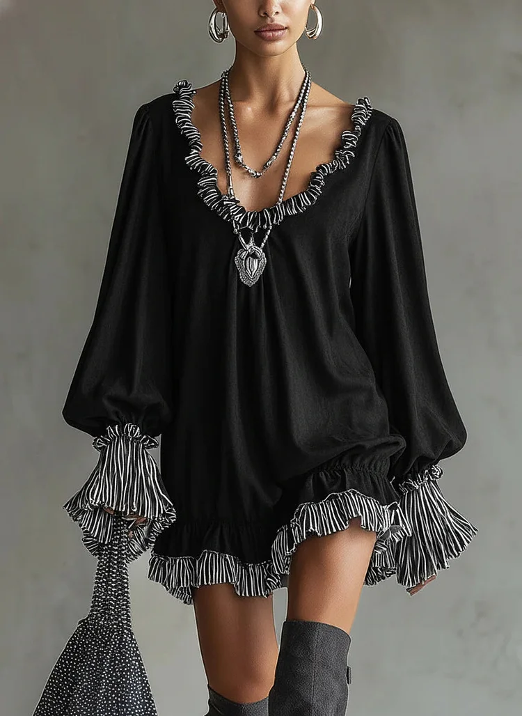 Black Faux Suede Striped Ruffled Loose Mini Dress