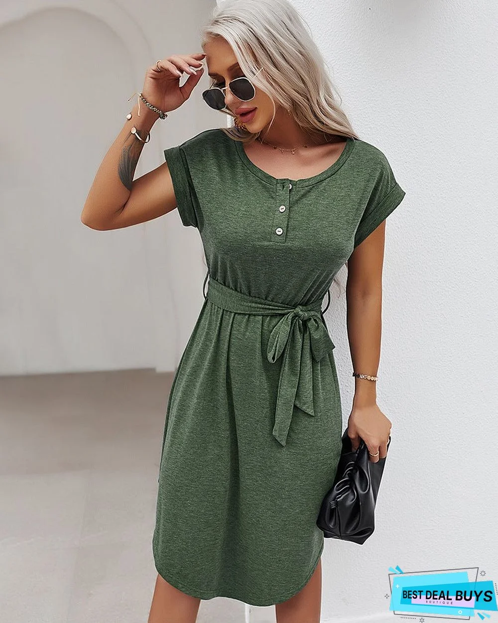 Net Color Dress Spring and Summer Short Sleeve Knitted Skirt Leisure Holiday Style