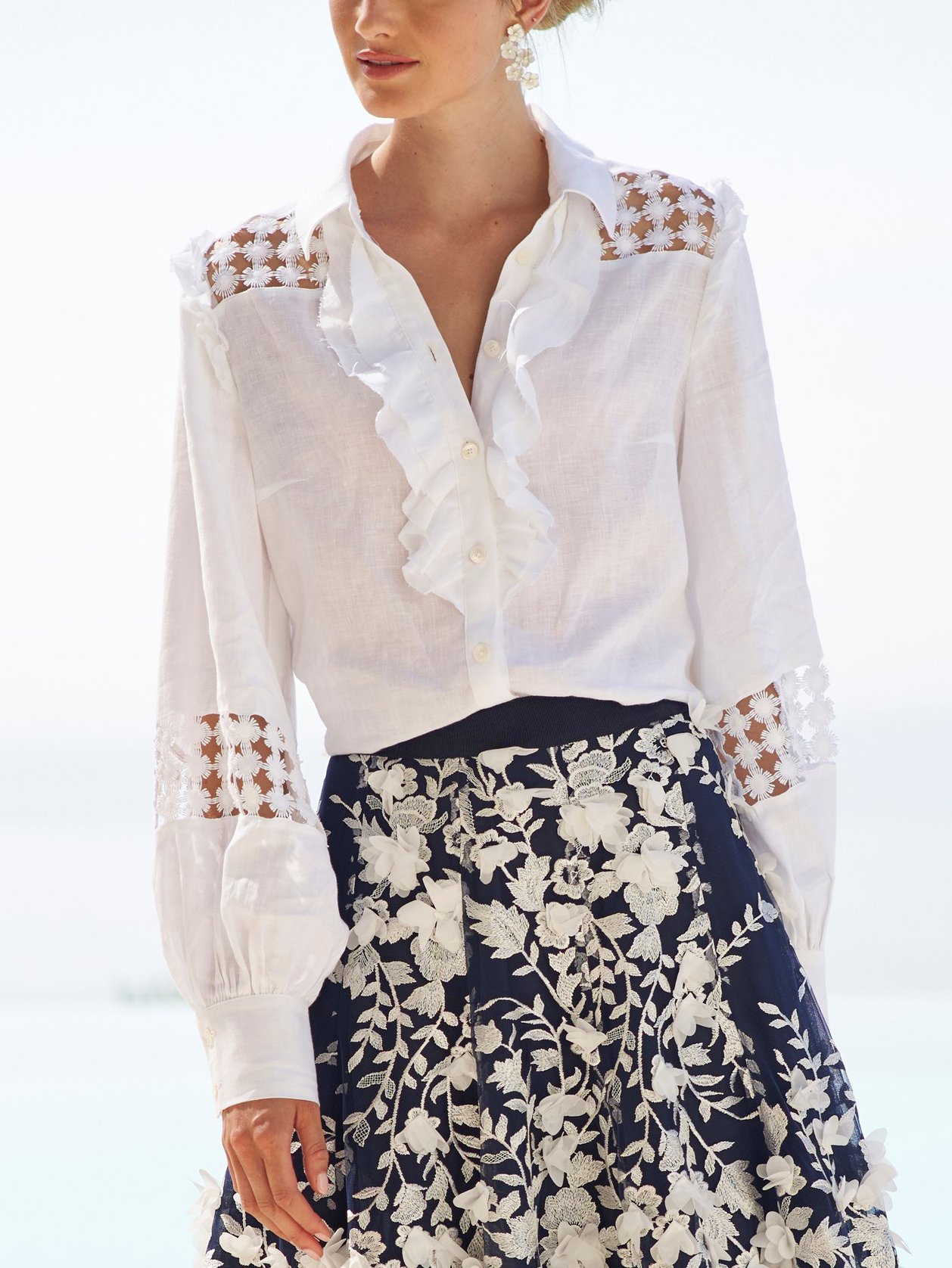 Elegant Floral Hollow Lace Lantern Sleeve Shirt