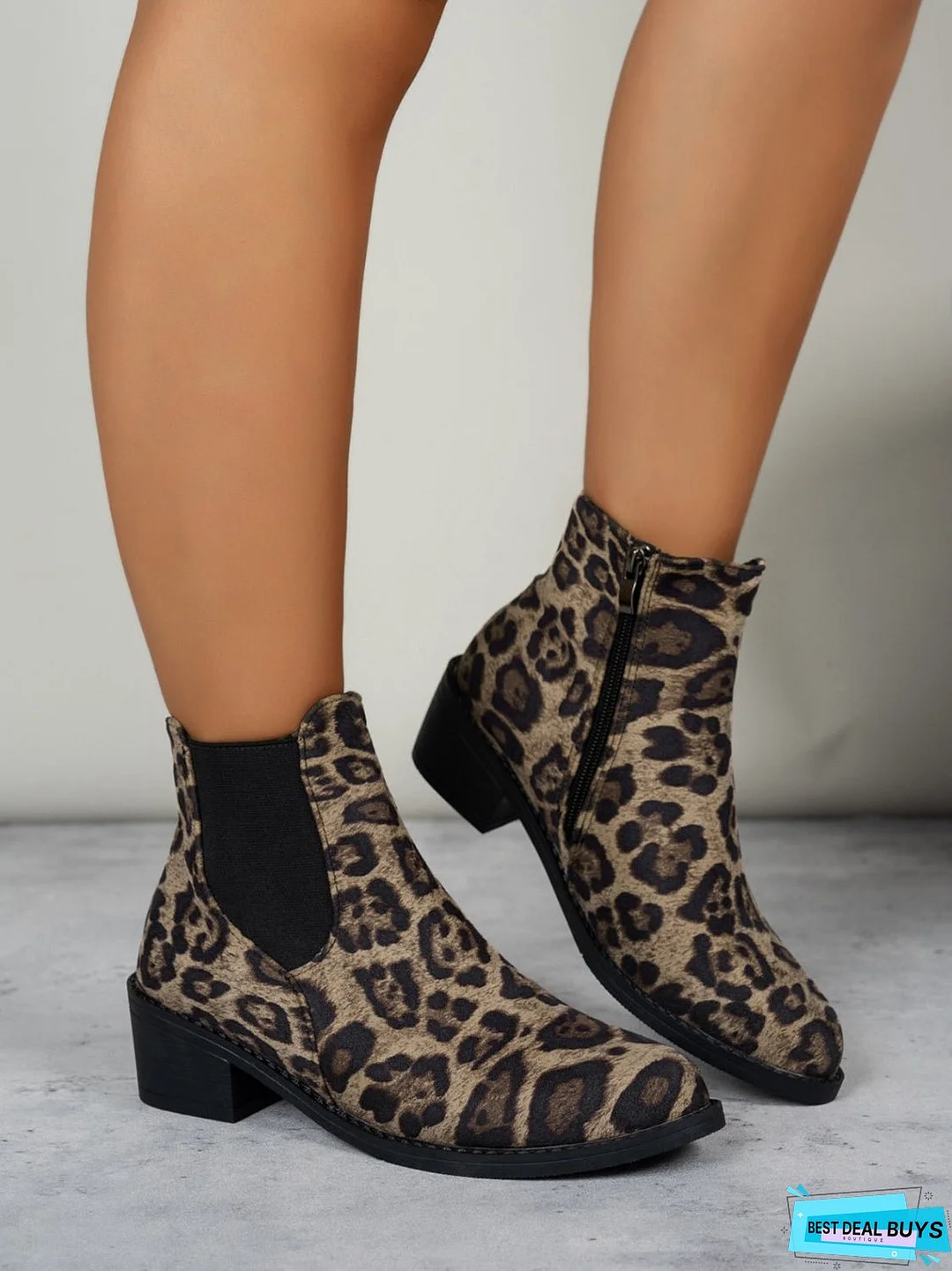 Leopard Point Toe Block Heel Boots