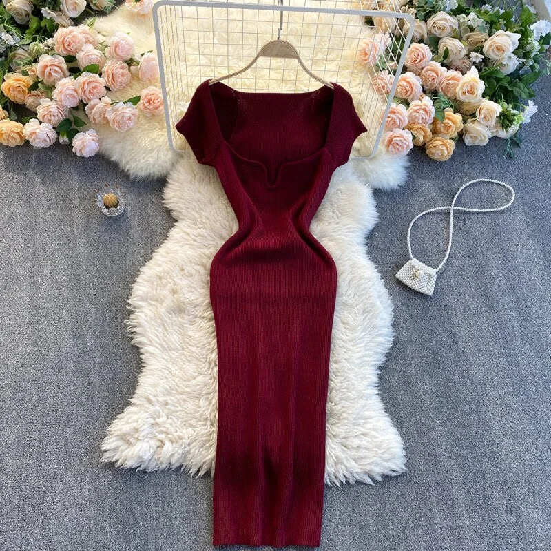 Croysier Spring Summer Short Cap Sleeve Knitted Sexy Bodycon Dress Back Slit Square Neck Casual Vintage Elegant Midi Dress Women