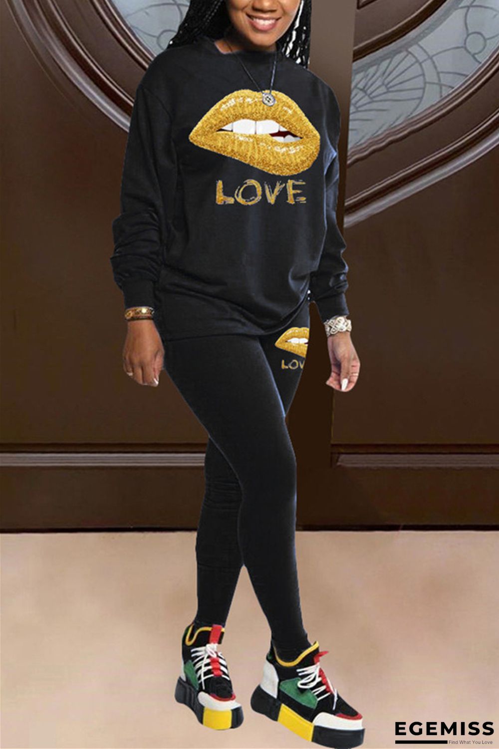 Black Fashion adult Ma'am Street Patchwork Print Two Piece Suits pencil Long Sleeve Two Pieces | EGEMISS