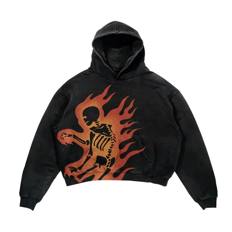 High Street Hip Hop Retro Flame Skull Print Hooded Sweater Y2k Loose Sweater at Hiphopee