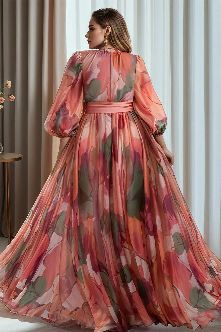 Xpluswear Design Plus Size Wedding Guest Multicolor Floral Round Neck Lantern Sleeve Long Sleeve Pleated Chiffon Maxi Dresses [Pre-Order]