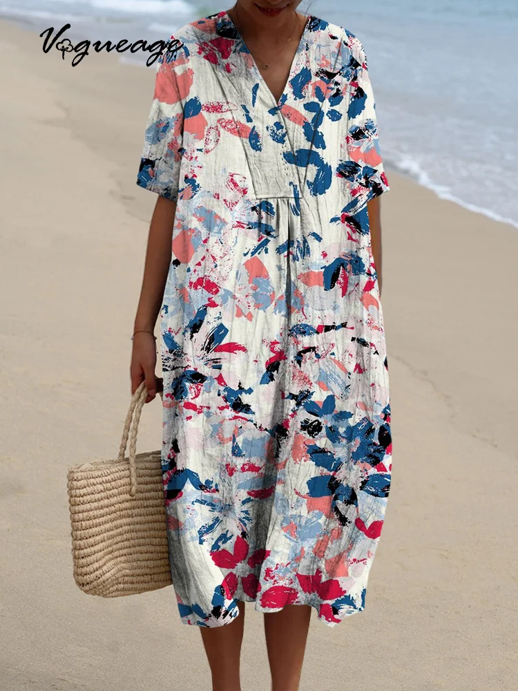 Casual Colorful Oil Painting Spots Printed Women's Casual Cotton And Linen Dress