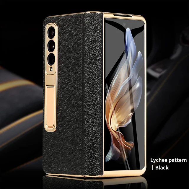 Genuine Leather Phone Case For Samsung Galaxy Z Fold6/5/4/3 Gold Plating Back Cover With Mirror Film