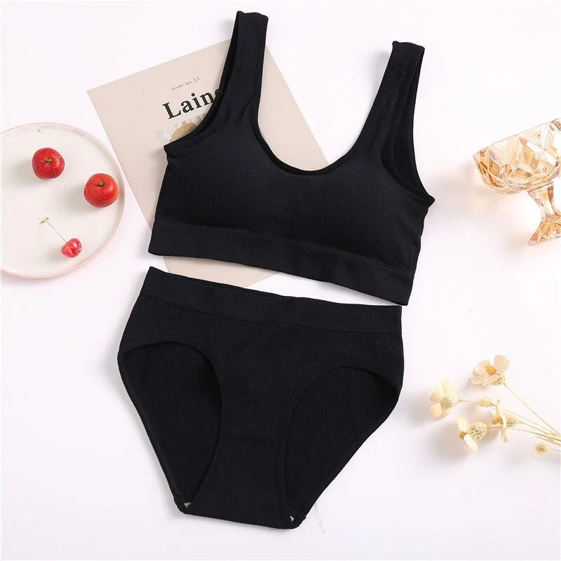 FINETOO Seamless Tops Set High Waist Panties Women Wireless Underwear Suit Soft Padded Bras Set S-XL Backless Bralette Lingerie