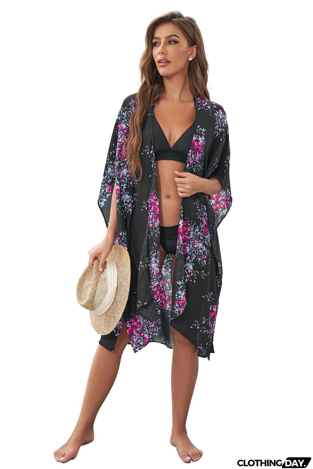 Floral Kimono Sleeves Chiffon Loose Beach Cover Up