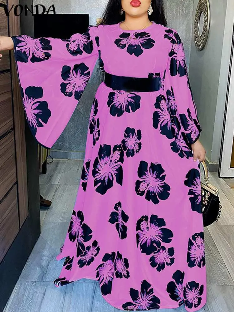 VONDA 2022 Summer Party Maxi Dress Women Sundress Long Sleeve Vintage Printed Pleated Dress Flare Sleeves Holiday Vestidos