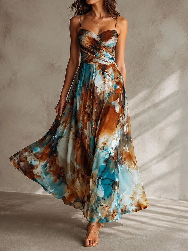 Boho Watercolor Print Chiffon Spaghetti Strap Maxi Dress