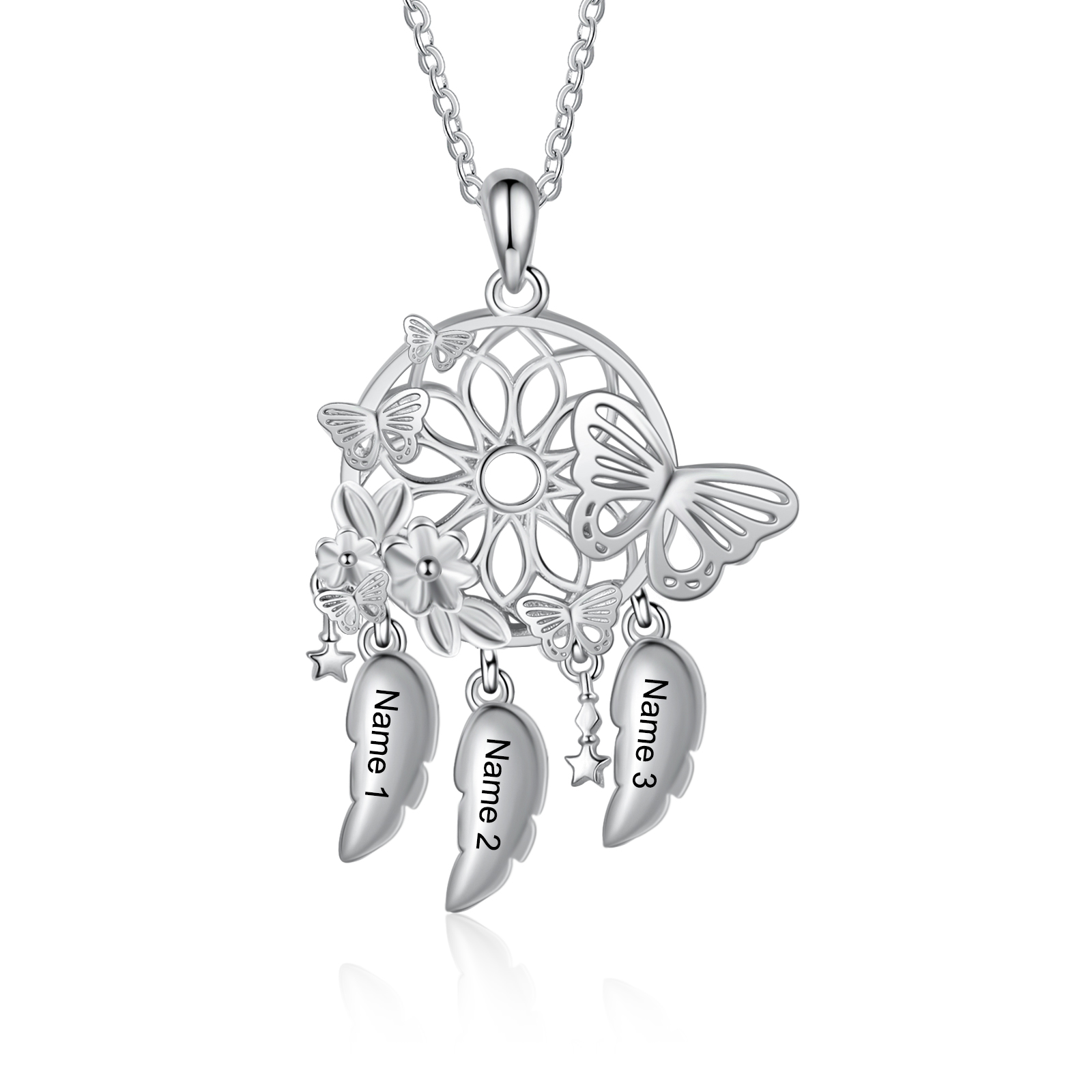Personalized Dream Catcher Necklace Custom 3 Names 3D Butterflies